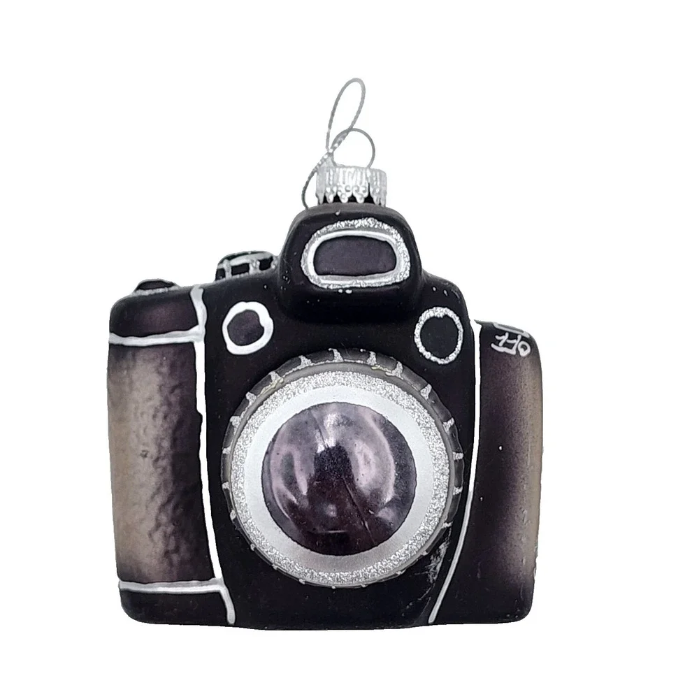 Vintage‎ Christmas Blown Glass Camera Ornament Black with Silver Accents Hanging